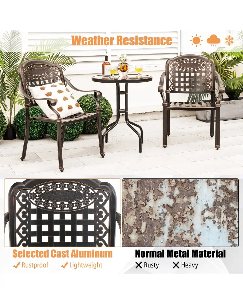 Set of 2 Cast Aluminum Patio Chairs with Armrests-Brown - Brown - Patio Dining Chairs