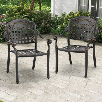 Set of 2 Cast Aluminum Patio Chairs with Armrests-Brown - Brown - Patio Dining Chairs