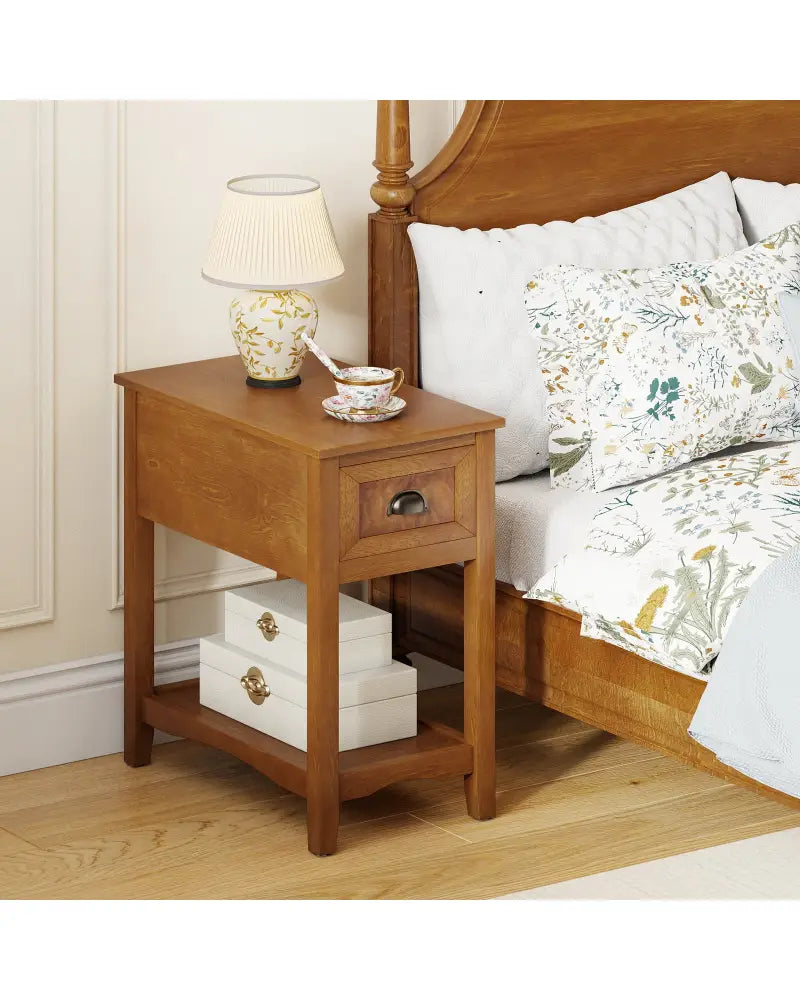 Set of 2 Contemporary Side End Table with Drawer-Natural - Yellow - End & Side Tables