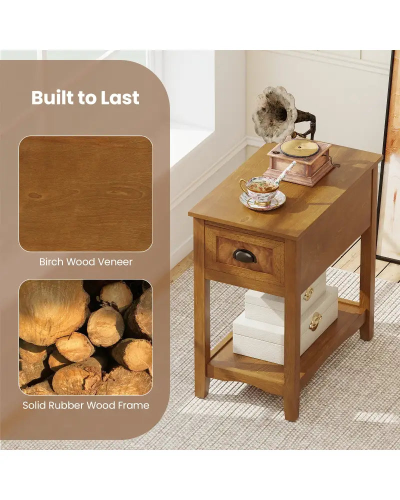 Set of 2 Contemporary Side End Table with Drawer-Natural - Yellow - End & Side Tables
