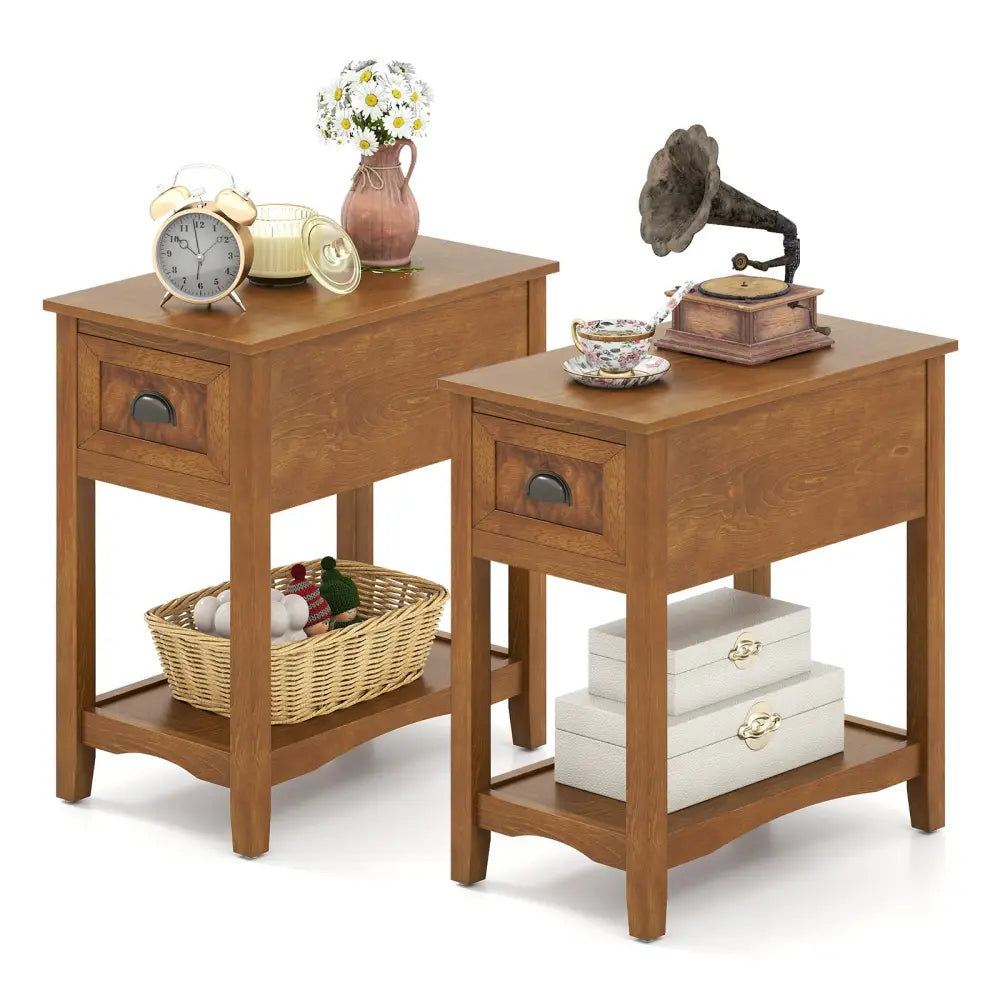 Set of 2 Contemporary Side End Table with Drawer-Natural - Yellow - End & Side Tables