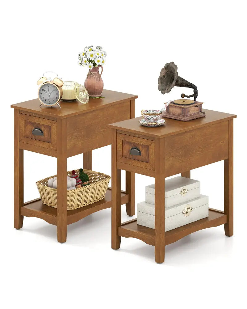 Set of 2 Contemporary Side End Table with Drawer-Natural - Yellow - End & Side Tables