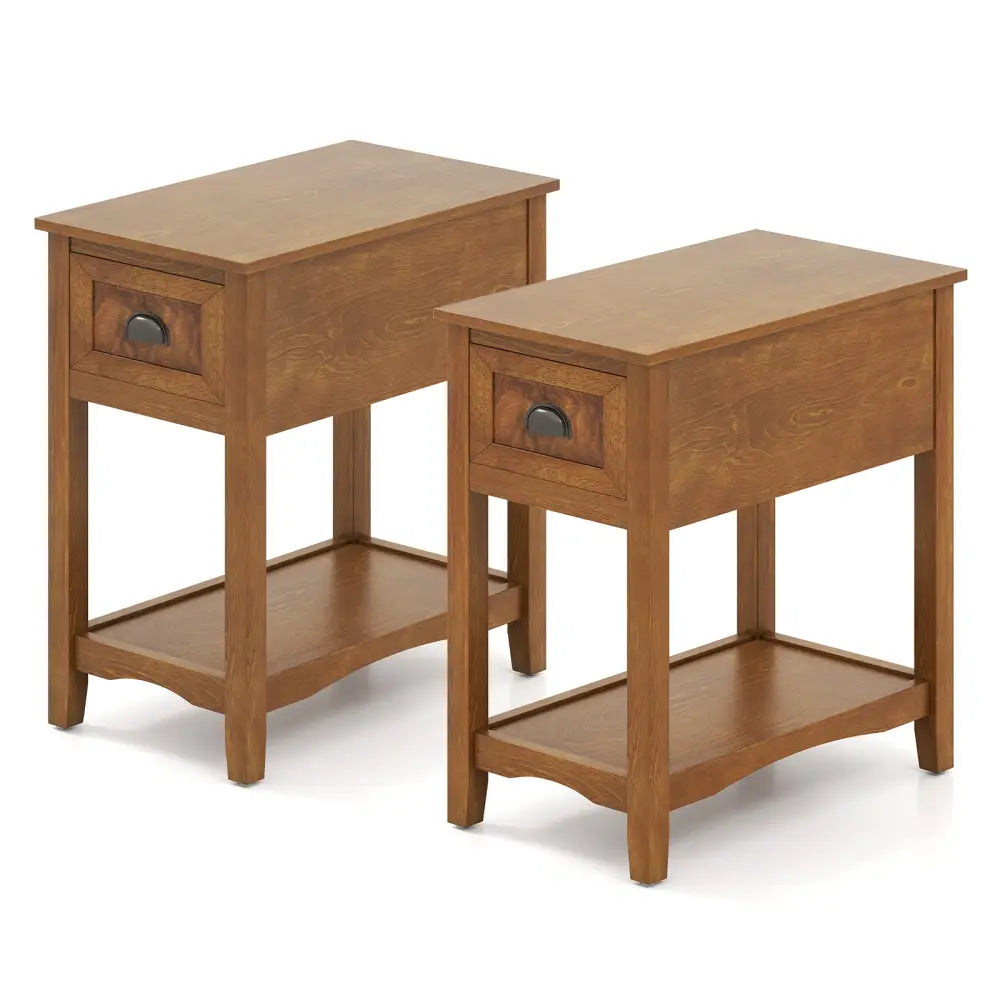 Set of 2 Contemporary Side End Table with Drawer-Natural - Yellow - End & Side Tables