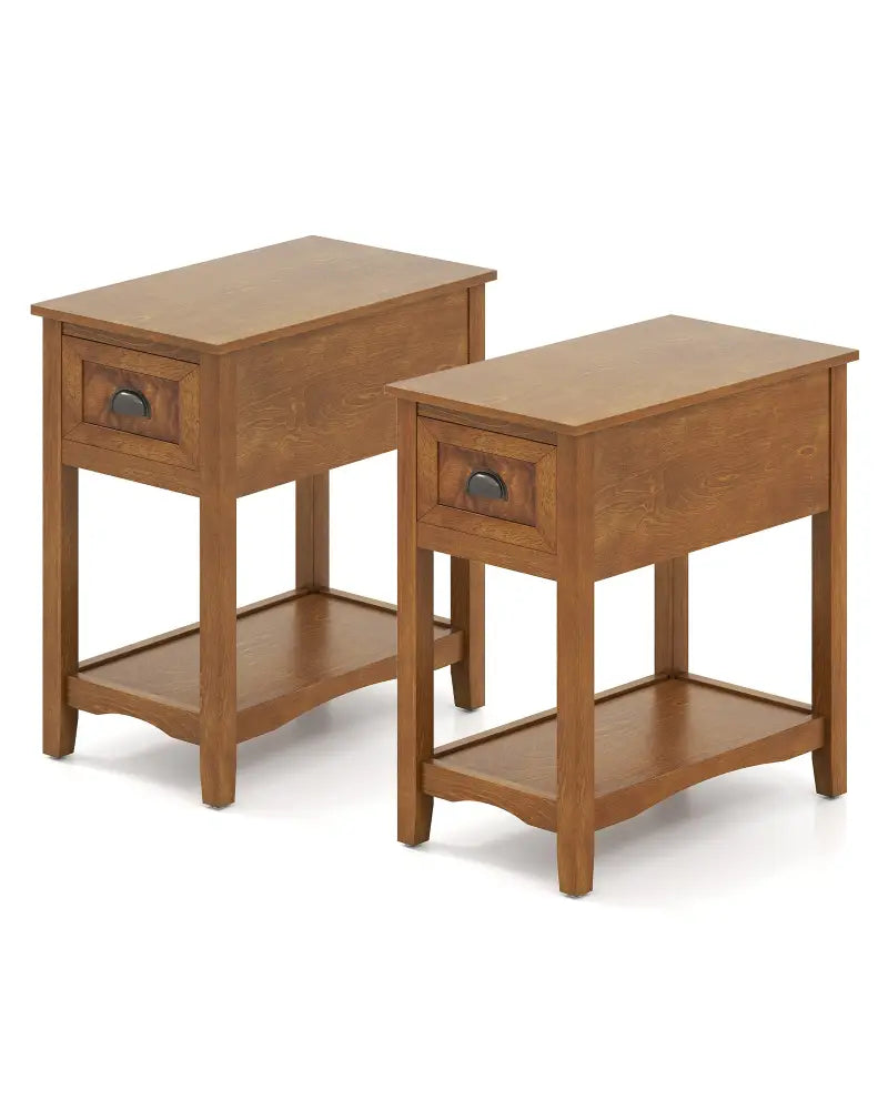Set of 2 Contemporary Side End Table with Drawer-Natural - Yellow - End & Side Tables