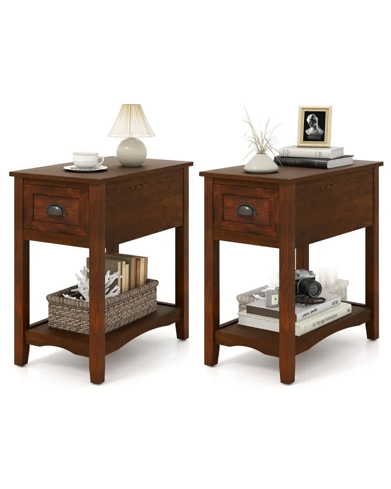 Set of 2 Contemporary Side End Table with Drawer-Walnut - Walnut - End & Side Tables