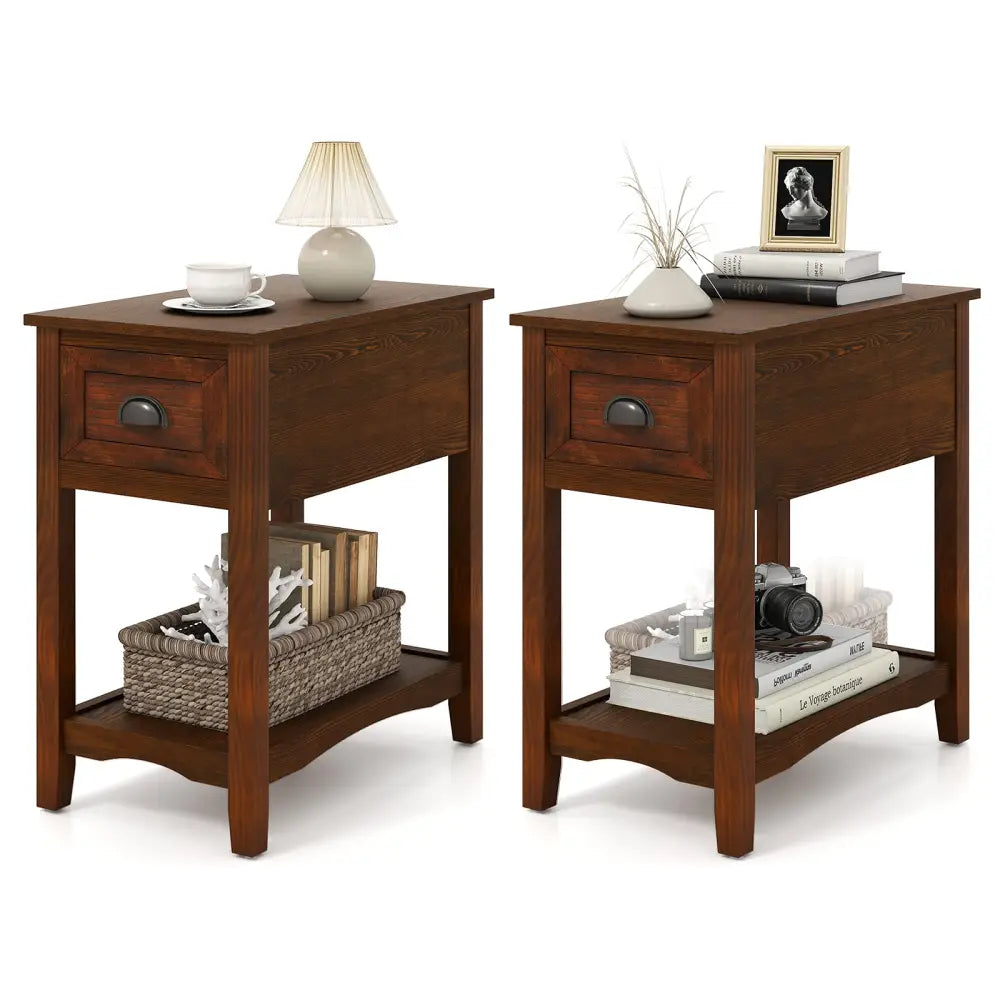 Set of 2 Contemporary Side End Table with Drawer-Walnut - Walnut - End & Side Tables