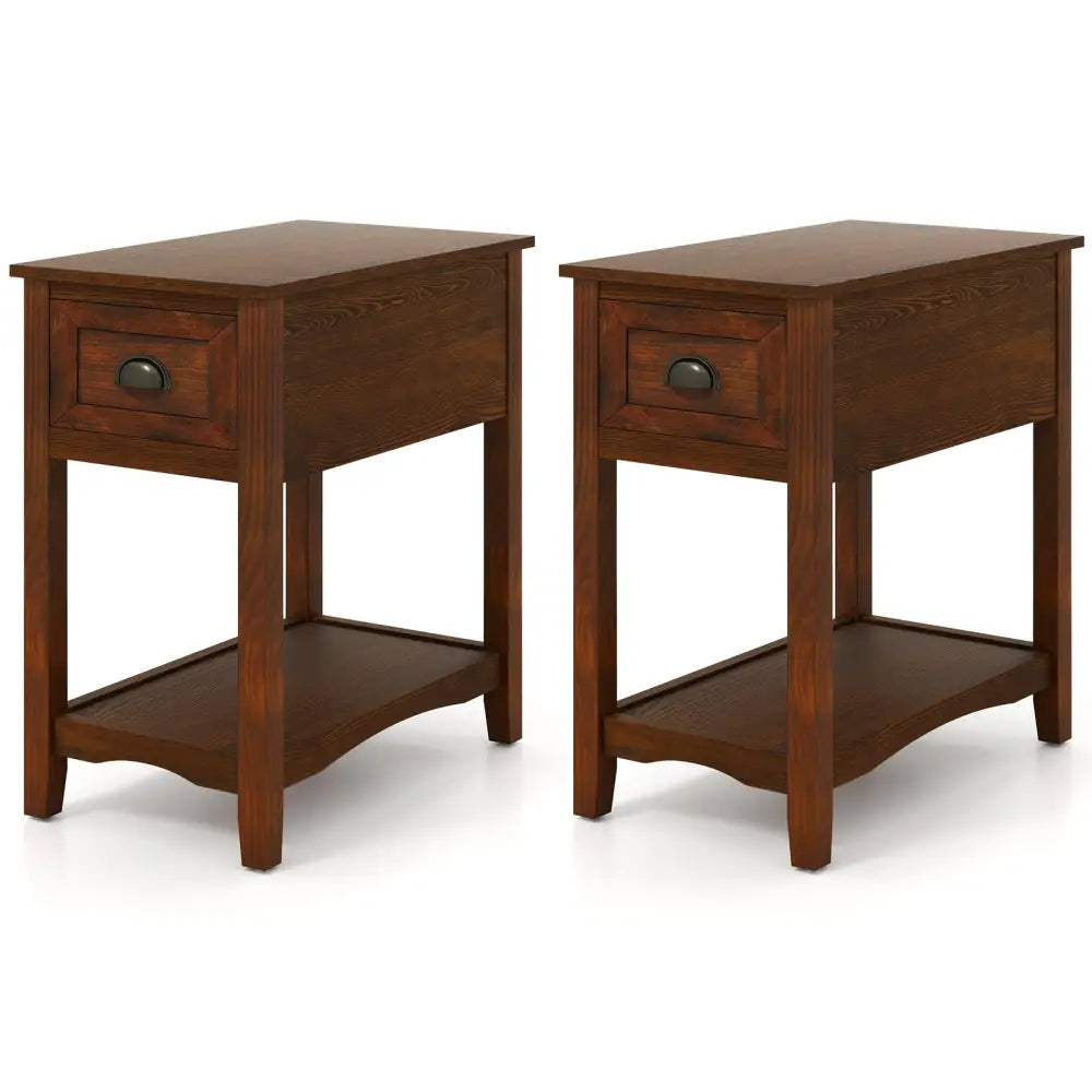 Set of 2 Contemporary Side End Table with Drawer-Walnut - Walnut - End & Side Tables