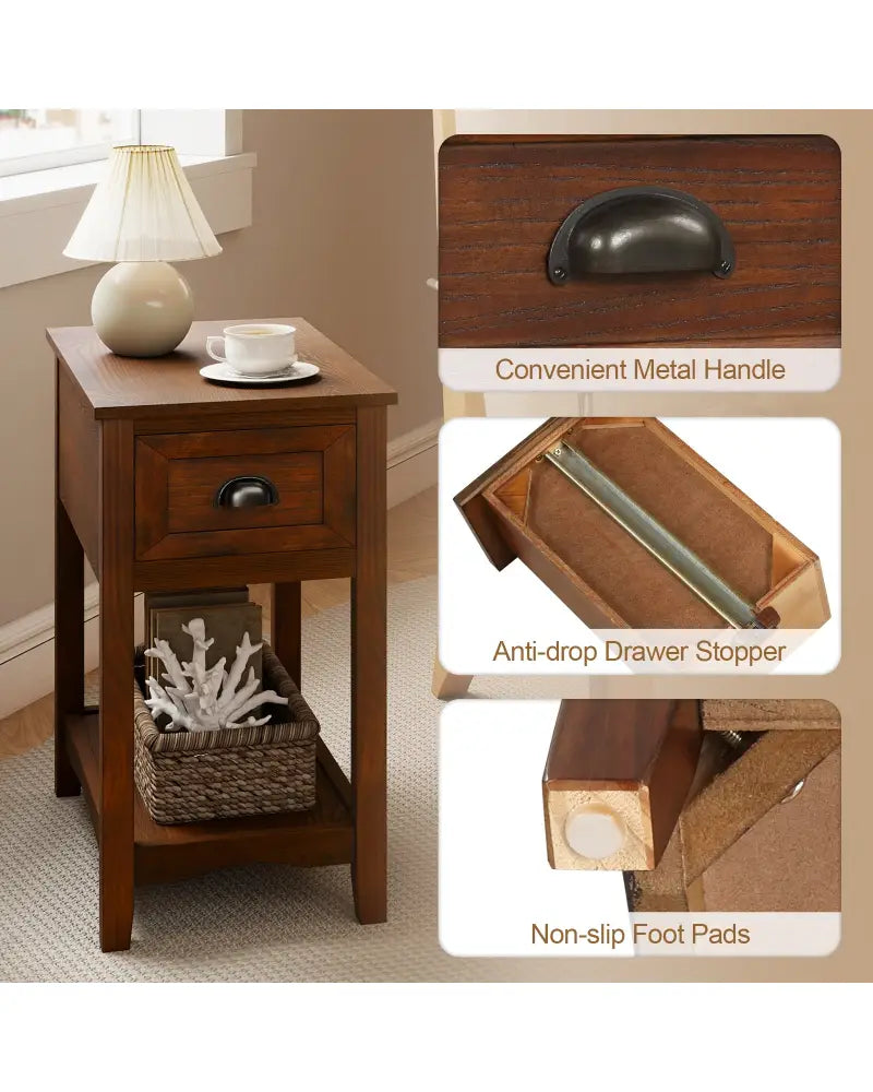 Set of 2 Contemporary Side End Table with Drawer-Walnut - Walnut - End & Side Tables