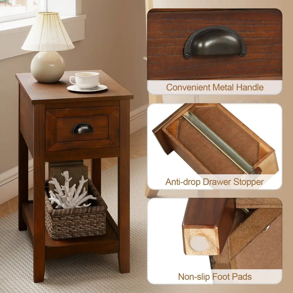 Set of 2 Contemporary Side End Table with Drawer-Walnut - Walnut - End & Side Tables