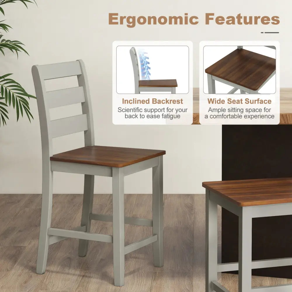 Set of 2 Counter Bar Stool with Inclined Backrest and Footrest-Gray - Gray - Bar Stools