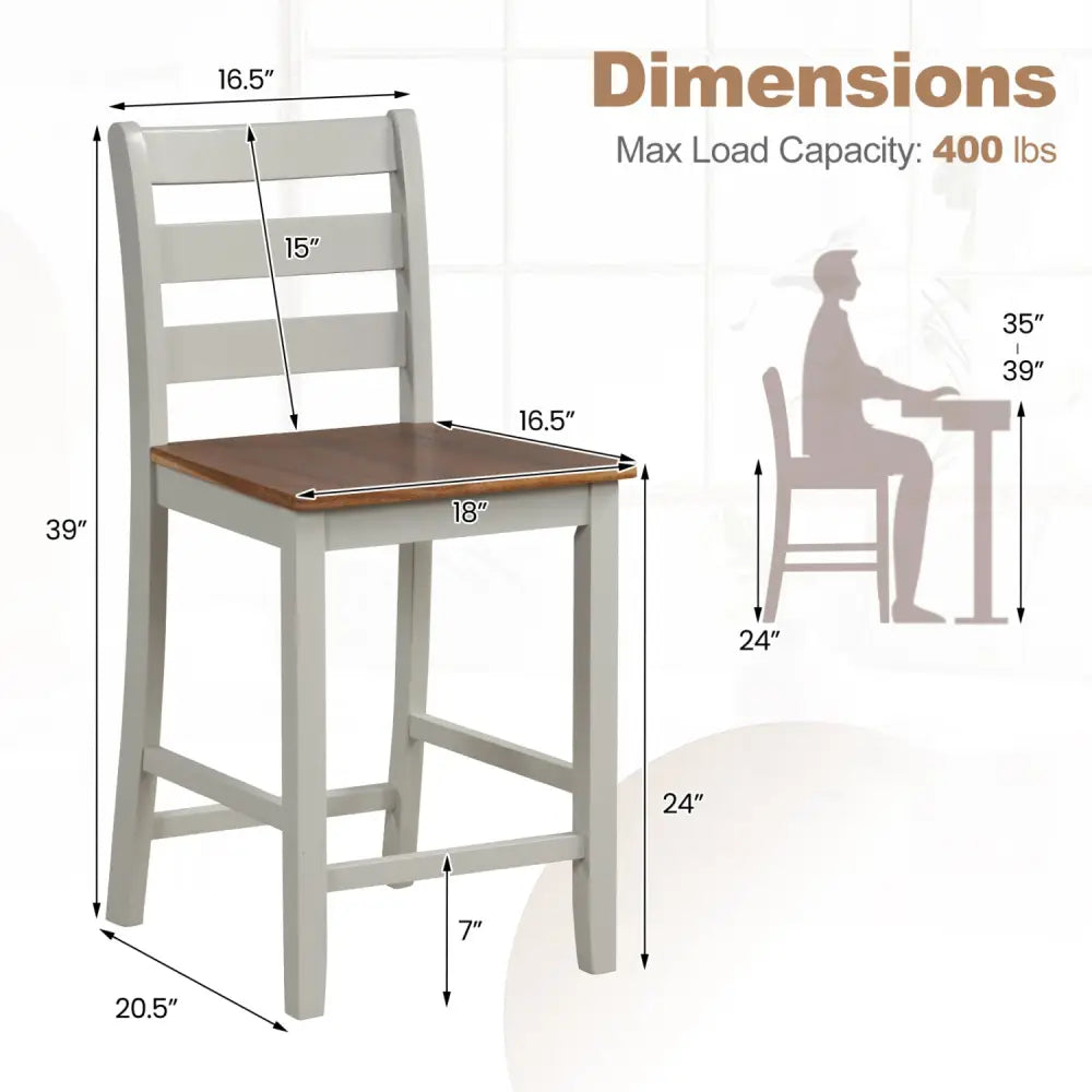 Set of 2 Counter Bar Stool with Inclined Backrest and Footrest-Gray - Gray - Bar Stools