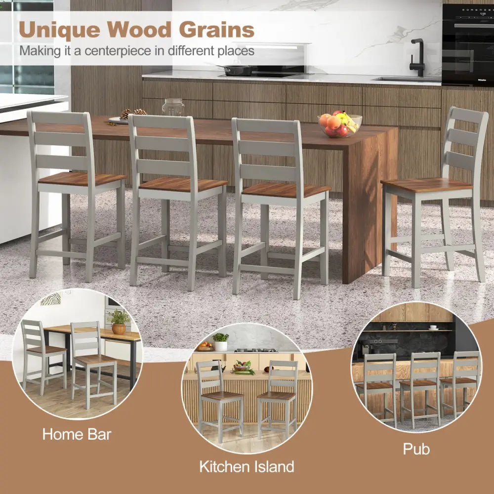 Set of 2 Counter Bar Stool with Inclined Backrest and Footrest-Gray - Gray - Bar Stools
