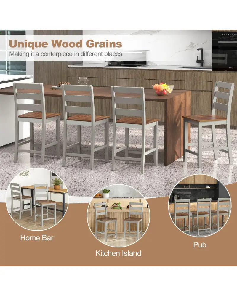 Set of 2 Counter Bar Stool with Inclined Backrest and Footrest-Gray - Gray - Bar Stools