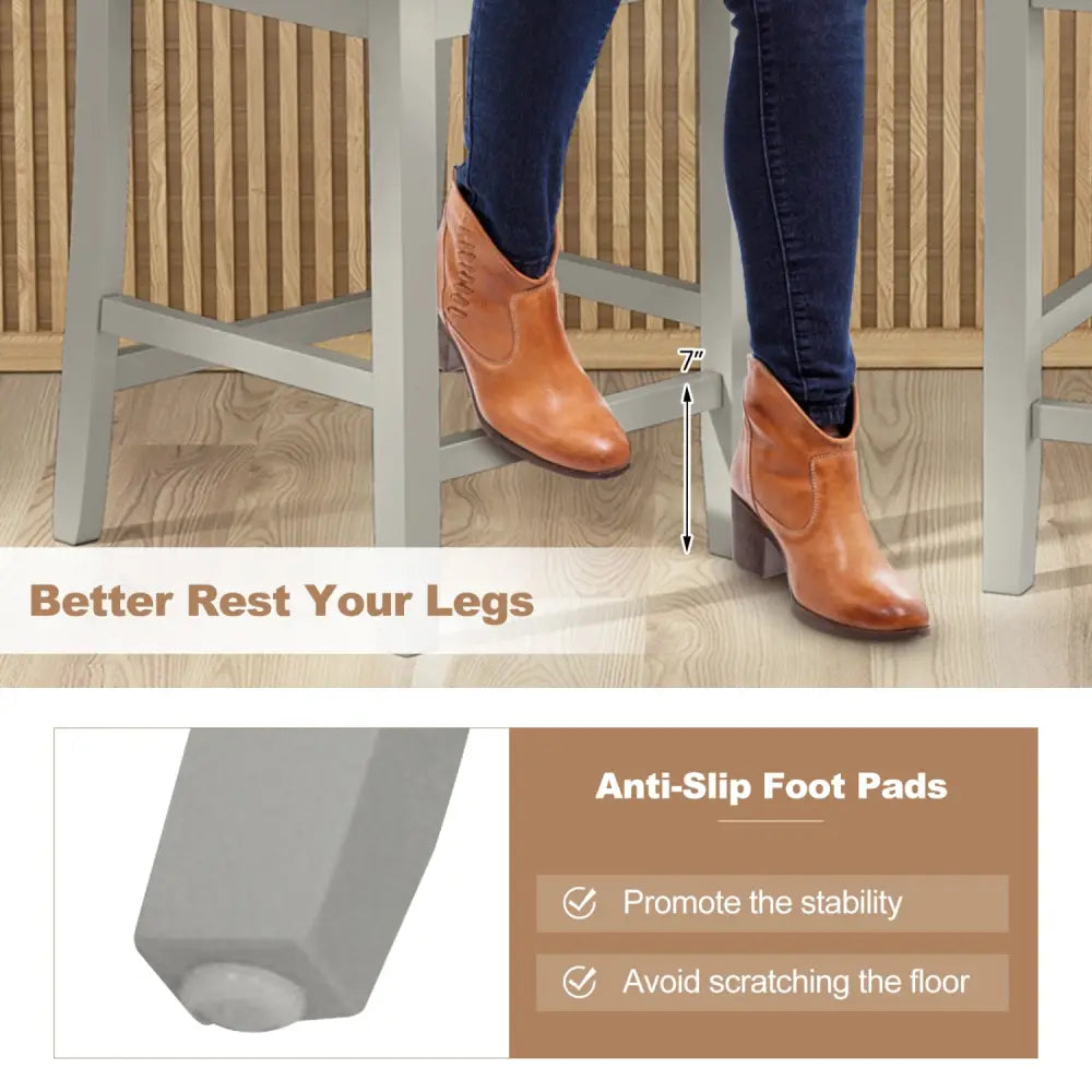 Set of 2 Counter Bar Stool with Inclined Backrest and Footrest-Gray - Gray - Bar Stools