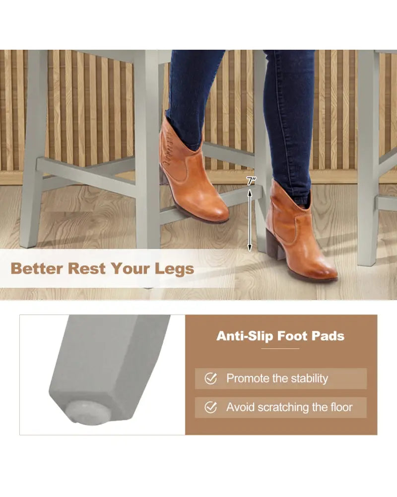 Set of 2 Counter Bar Stool with Inclined Backrest and Footrest-Gray - Gray - Bar Stools