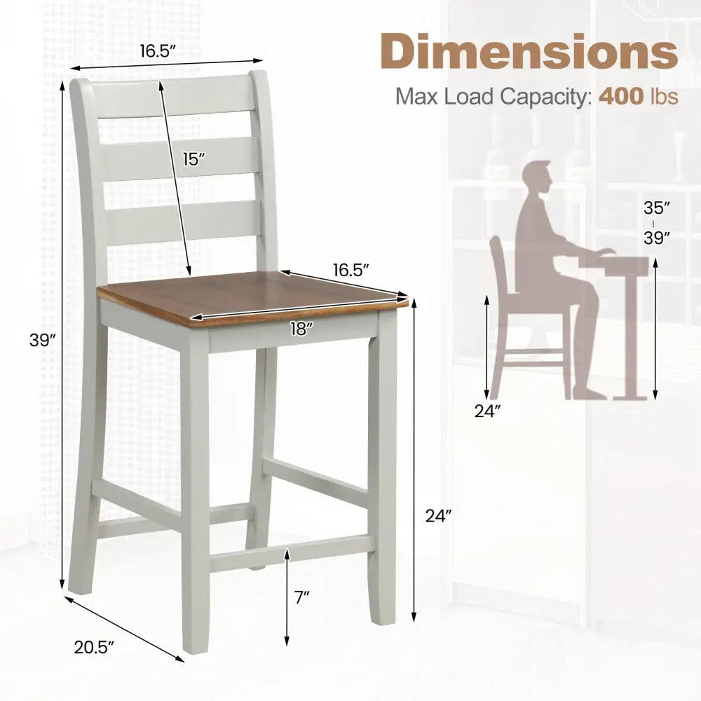 Set of 2 Counter Bar Stool with Inclined Backrest and Footrest-Gray - Gray - Bar Stools