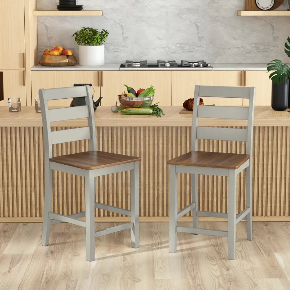 Set of 2 Counter Bar Stool with Inclined Backrest and Footrest-Gray - Gray - Bar Stools
