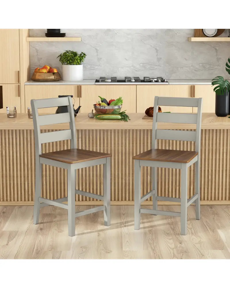 Set of 2 Counter Bar Stool with Inclined Backrest and Footrest-Gray - Gray - Bar Stools