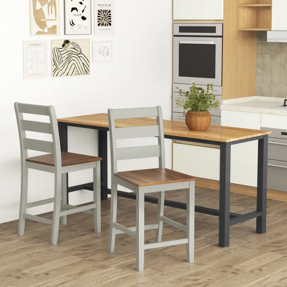 Set of 2 Counter Bar Stool with Inclined Backrest and Footrest-Gray - Gray - Bar Stools