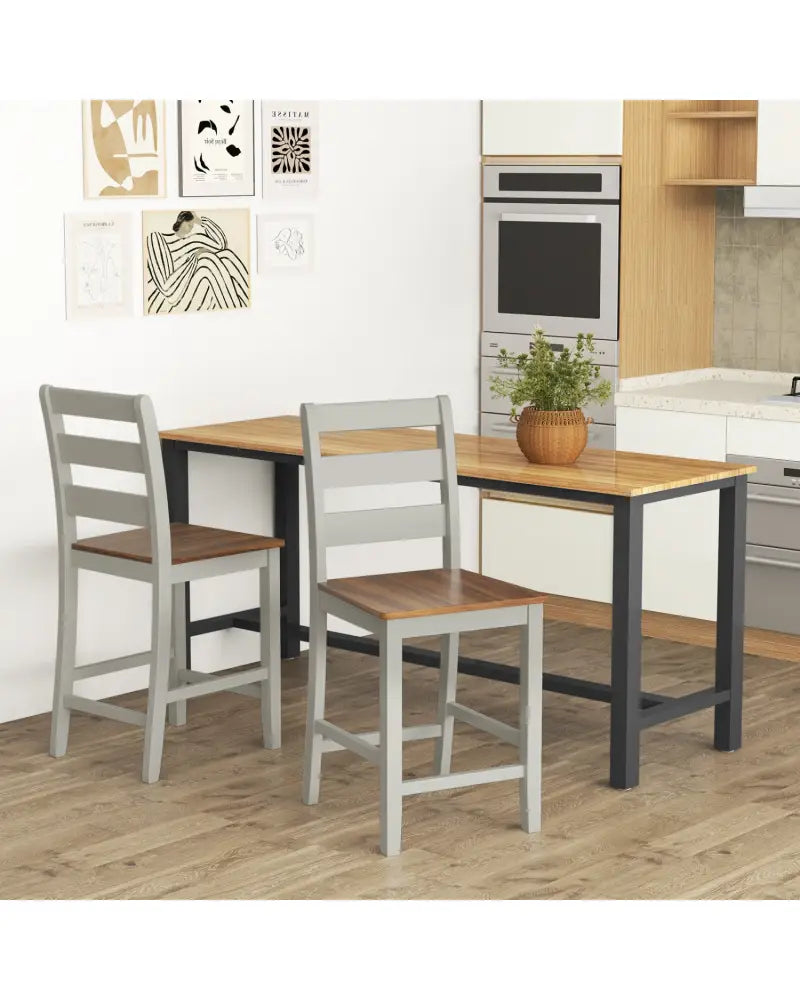 Set of 2 Counter Bar Stool with Inclined Backrest and Footrest-Gray - Gray - Bar Stools