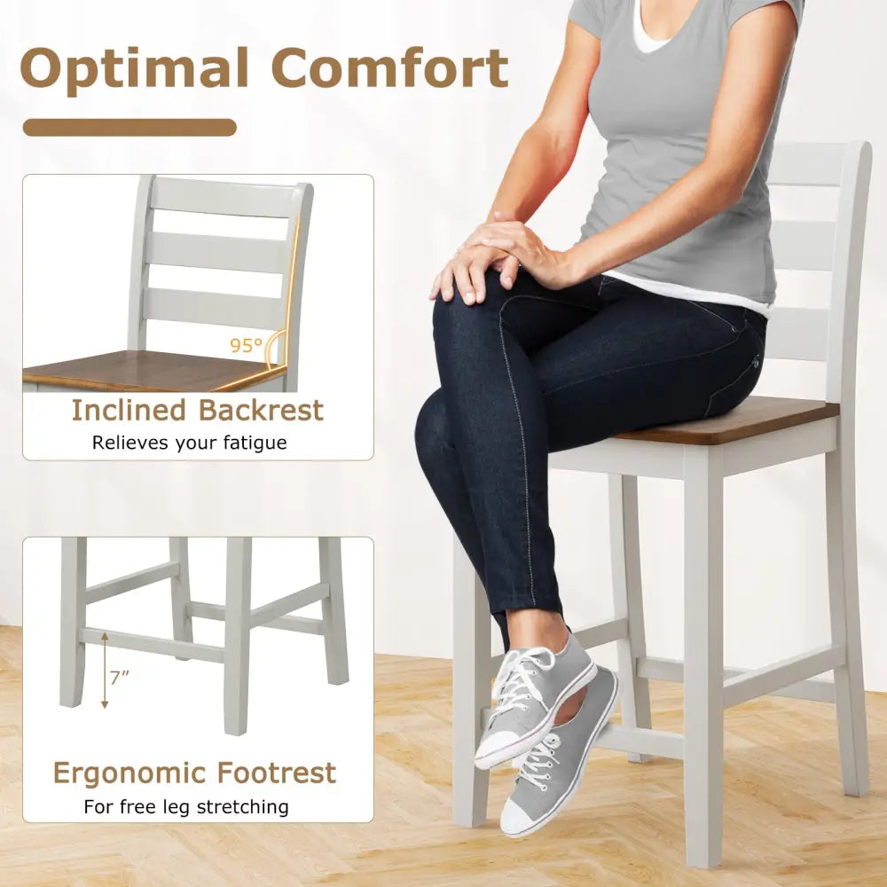 Set of 2 Counter Bar Stool with Inclined Backrest and Footrest-Gray - Gray - Bar Stools
