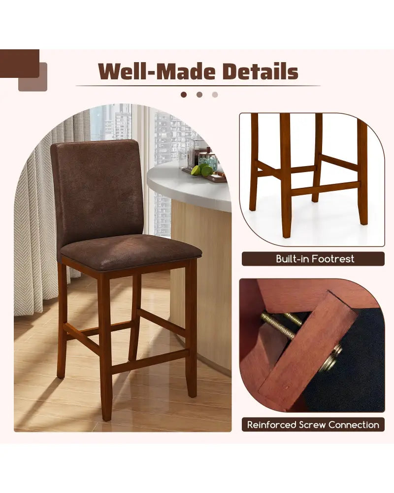 Set of 2 Counter Barstools with Rubberwood Legs and Upholstered Seat-Walnut - Walnut - Bar Stools