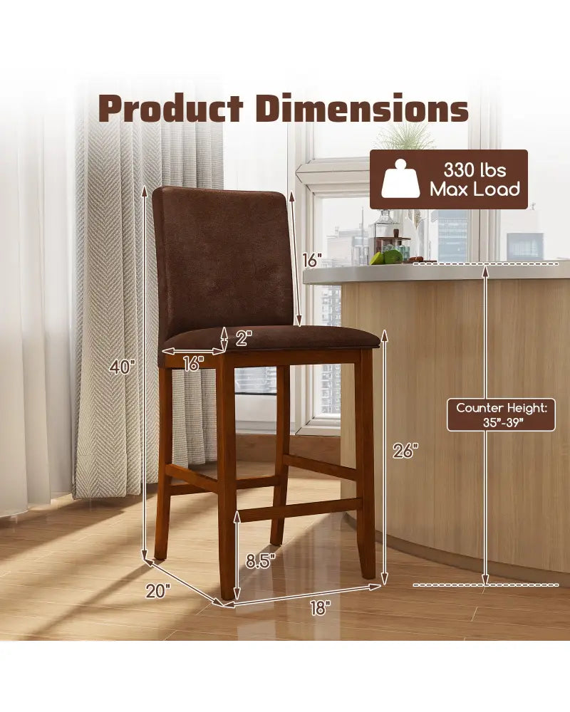 Set of 2 Counter Barstools with Rubberwood Legs and Upholstered Seat-Walnut - Walnut - Bar Stools
