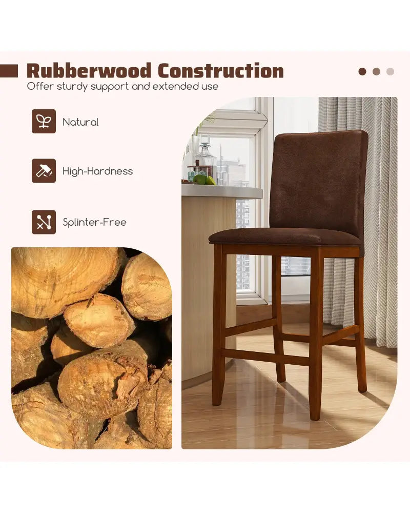 Set of 2 Counter Barstools with Rubberwood Legs and Upholstered Seat-Walnut - Walnut - Bar Stools