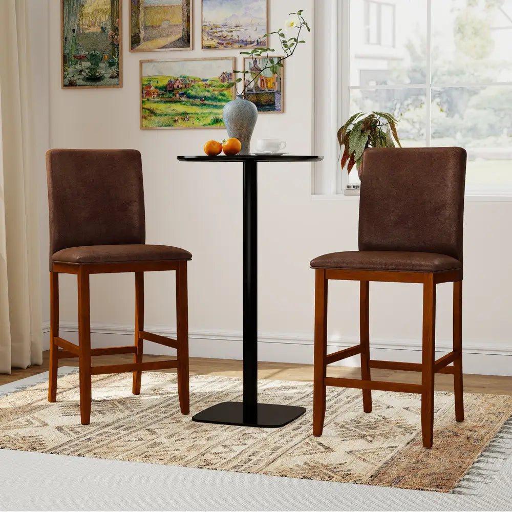 Set of 2 Counter Barstools with Rubberwood Legs and Upholstered Seat-Walnut - Walnut - Bar Stools