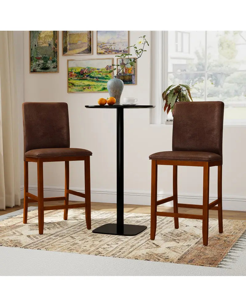Set of 2 Counter Barstools with Rubberwood Legs and Upholstered Seat-Walnut - Walnut - Bar Stools