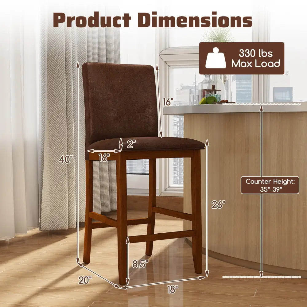 Set of 2 Counter Barstools with Rubberwood Legs and Upholstered Seat-Walnut - Walnut - Bar Stools