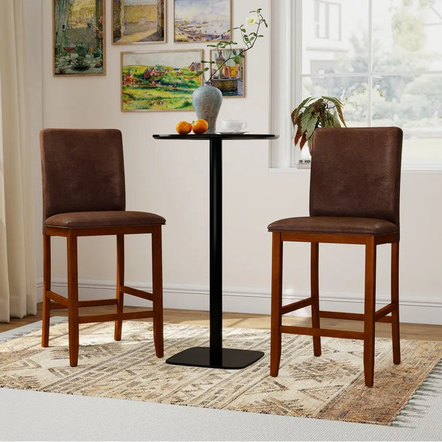 Set of 2 Counter Barstools with Rubberwood Legs and Upholstered Seat-Walnut - Walnut - Bar Stools