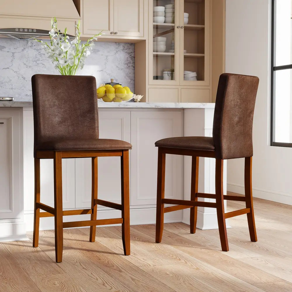 Set of 2 Counter Barstools with Rubberwood Legs and Upholstered Seat-Walnut - Walnut - Bar Stools