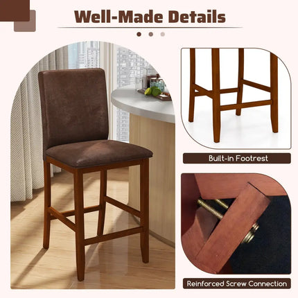 Set of 2 Counter Barstools with Rubberwood Legs and Upholstered Seat-Walnut - Walnut - Bar Stools