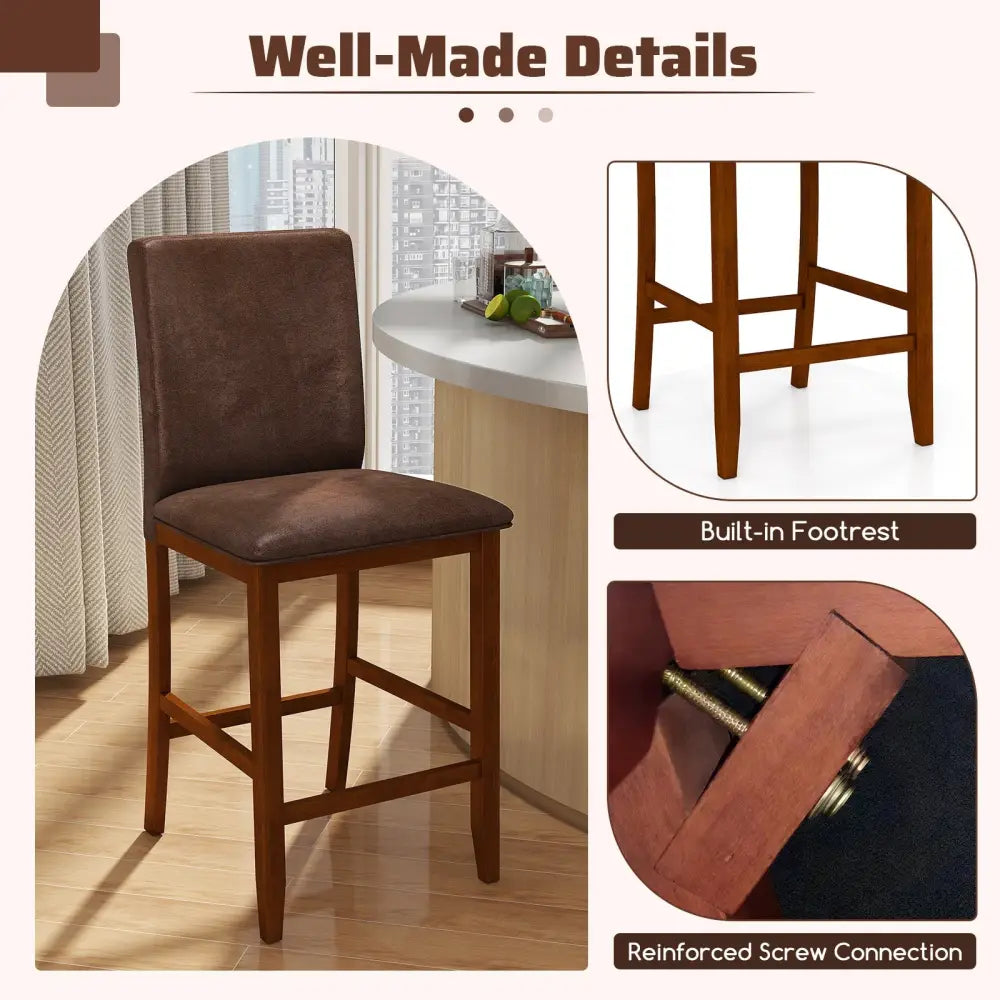 Set of 2 Counter Barstools with Rubberwood Legs and Upholstered Seat-Walnut - Walnut - Bar Stools