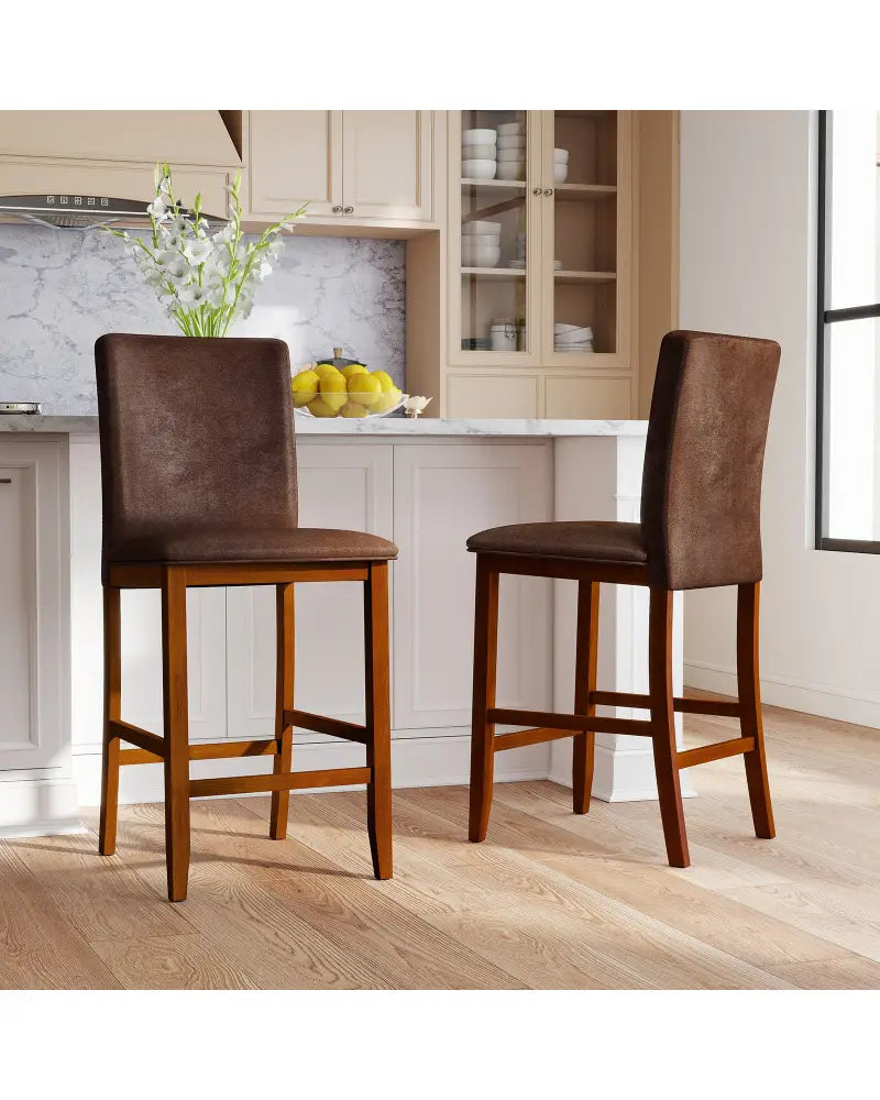 Set of 2 Counter Barstools with Rubberwood Legs and Upholstered Seat-Walnut - Walnut - Bar Stools