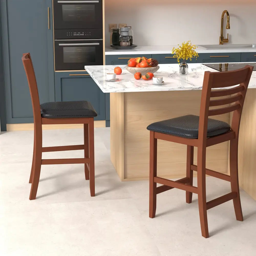 Set of 2 Counter Height Bar Chair Kitchen Island Stool with Backrest and Footrest-Walnut - Walnut - Bar Stools