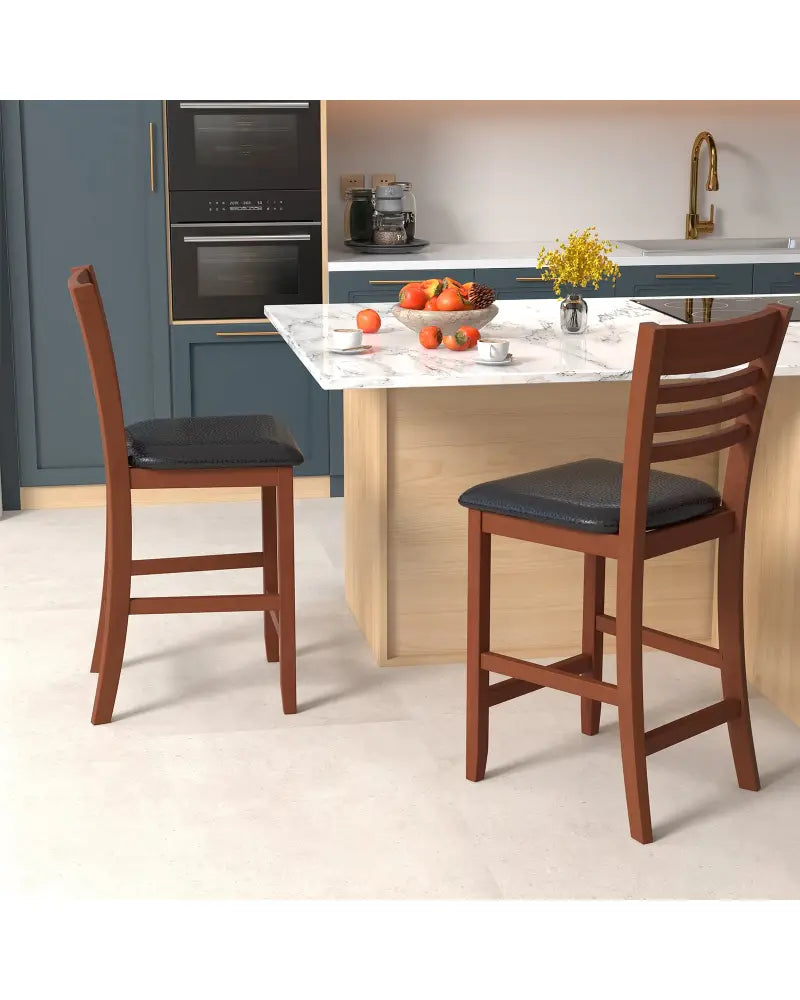 Set of 2 Counter Height Bar Chair Kitchen Island Stool with Backrest and Footrest-Walnut - Walnut - Bar Stools