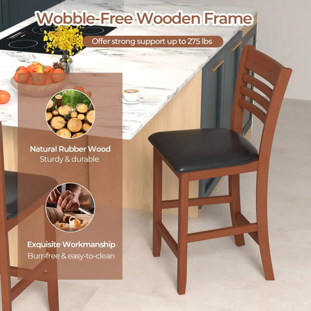 Set of 2 Counter Height Bar Chair Kitchen Island Stool with Backrest and Footrest-Walnut - Walnut - Bar Stools