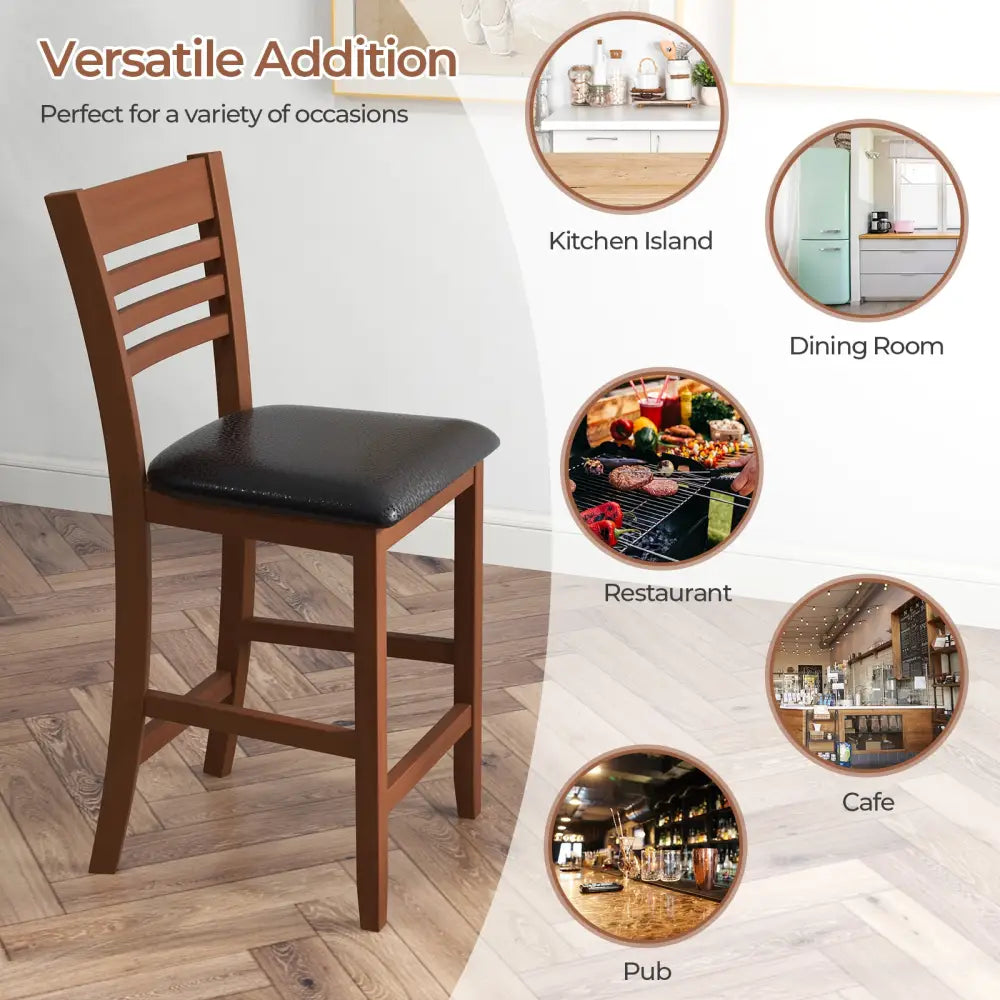 Set of 2 Counter Height Bar Chair Kitchen Island Stool with Backrest and Footrest-Walnut - Walnut - Bar Stools