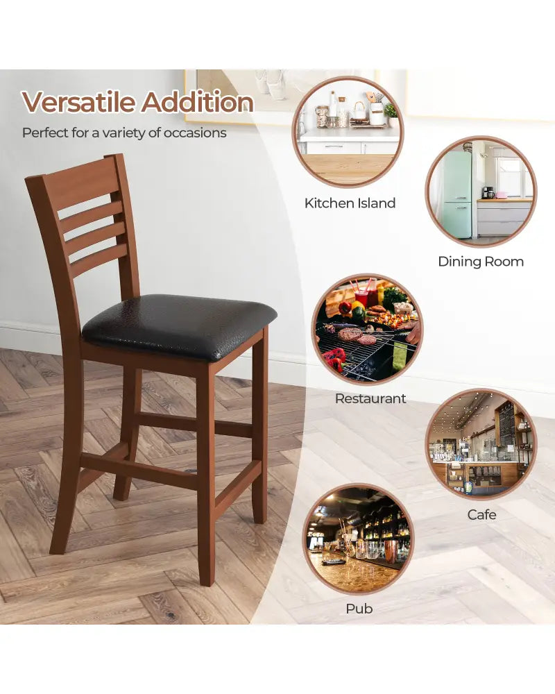 Set of 2 Counter Height Bar Chair Kitchen Island Stool with Backrest and Footrest-Walnut - Walnut - Bar Stools