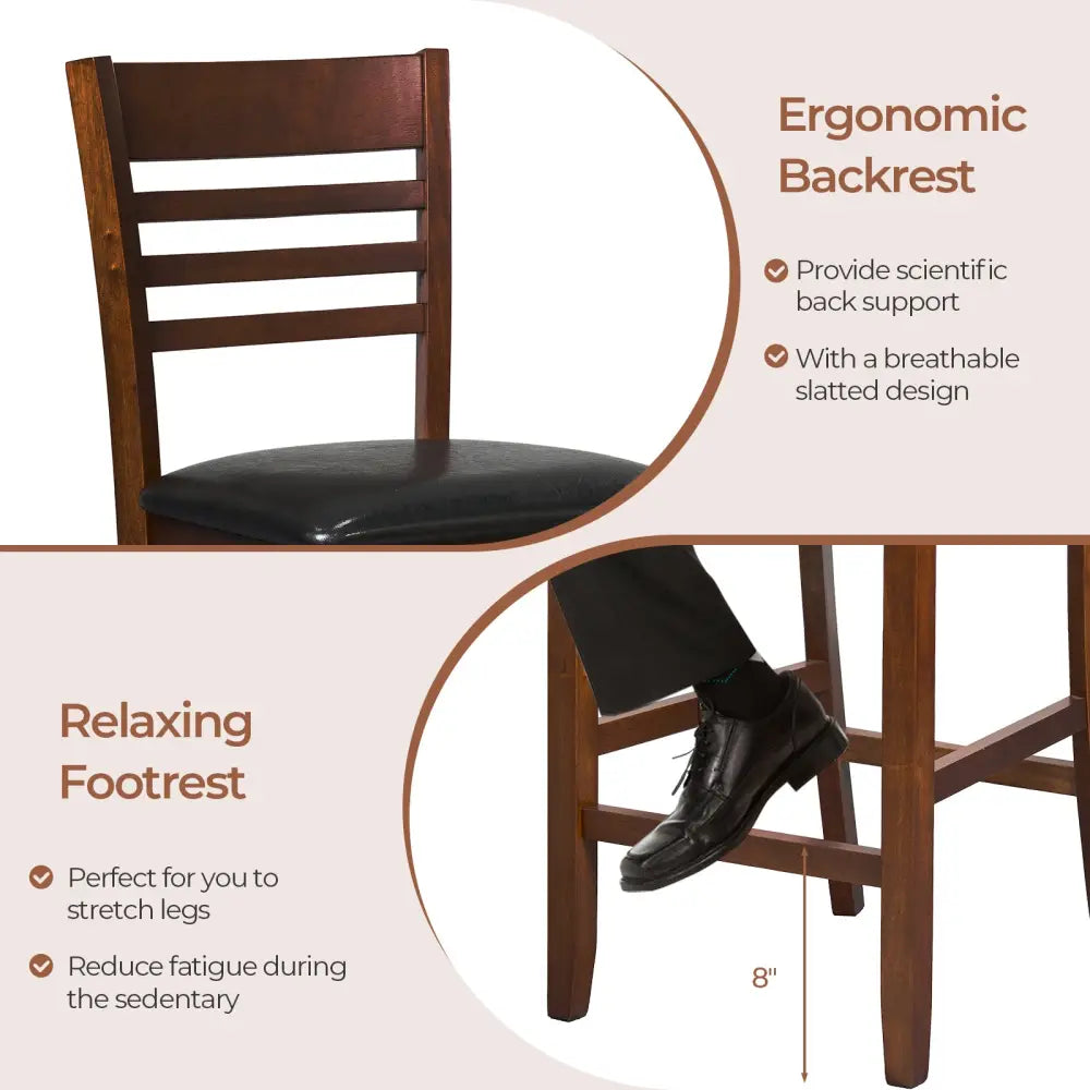 Set of 2 Counter Height Bar Chair Kitchen Island Stool with Backrest and Footrest-Walnut - Walnut - Bar Stools