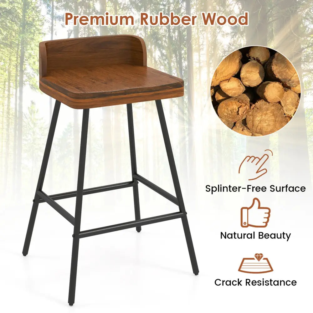 Set of 2 Counter Height Bar Stool with Low Back Metal Legs and Footrest for Kitchen Island-Brown - Brown - Bar Stools