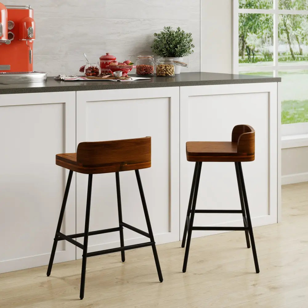 Set of 2 Counter Height Bar Stool with Low Back Metal Legs and Footrest for Kitchen Island-Brown - Brown - Bar Stools