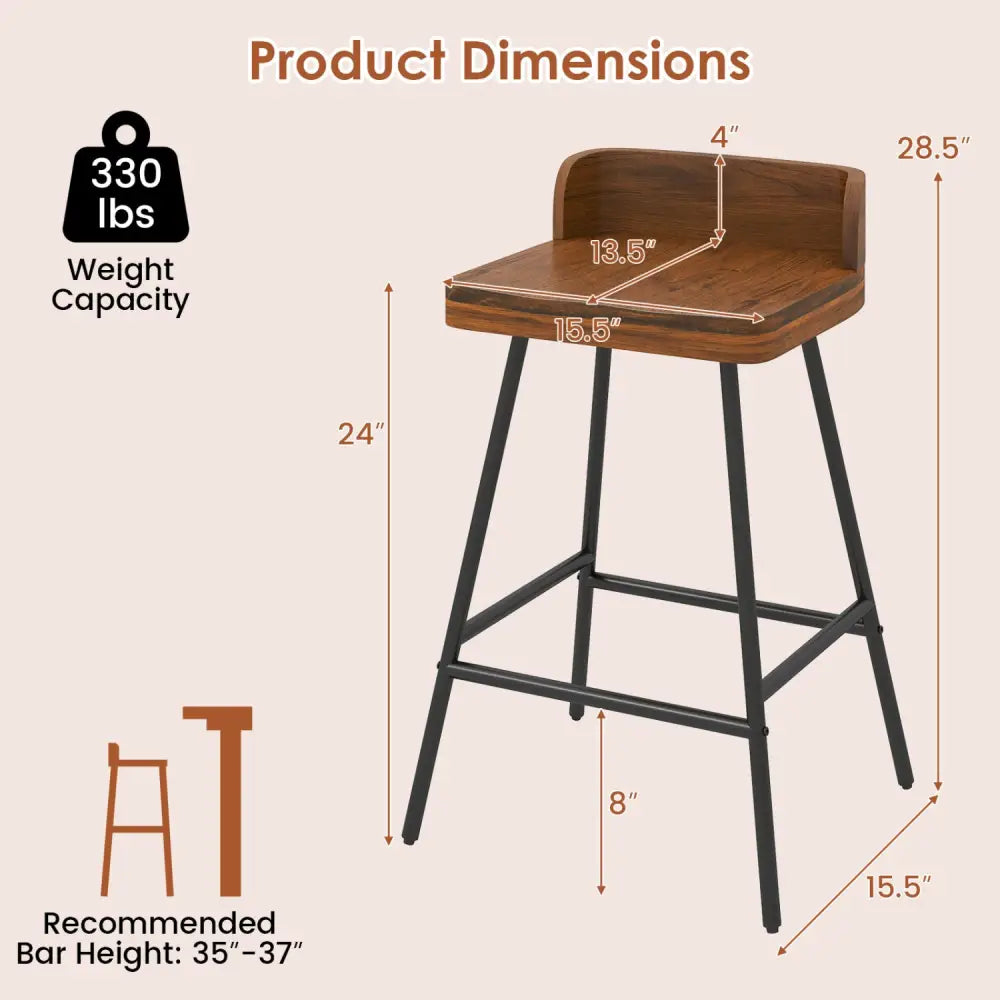 Set of 2 Counter Height Bar Stool with Low Back Metal Legs and Footrest for Kitchen Island-Brown - Brown - Bar Stools