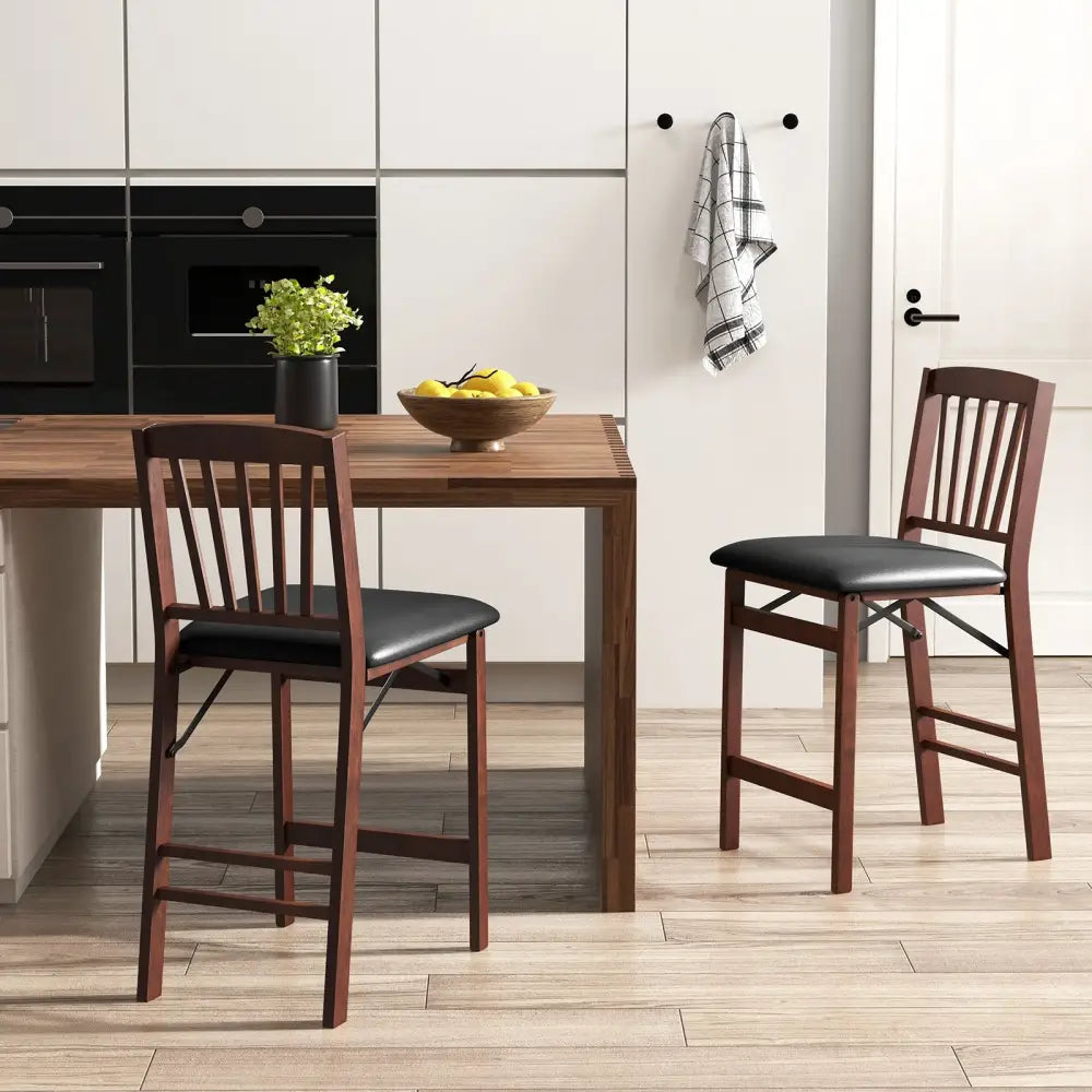 Set of 2 Counter Height Chairs Folding Kitchen Island Stool with Padded Seat-Brown - Brown - Bar Stools
