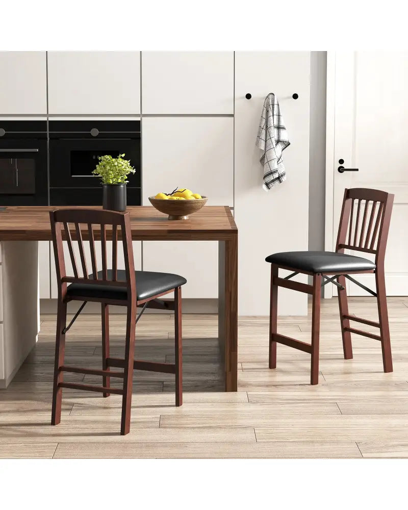 Set of 2 Counter Height Chairs Folding Kitchen Island Stool with Padded Seat-Brown - Brown - Bar Stools