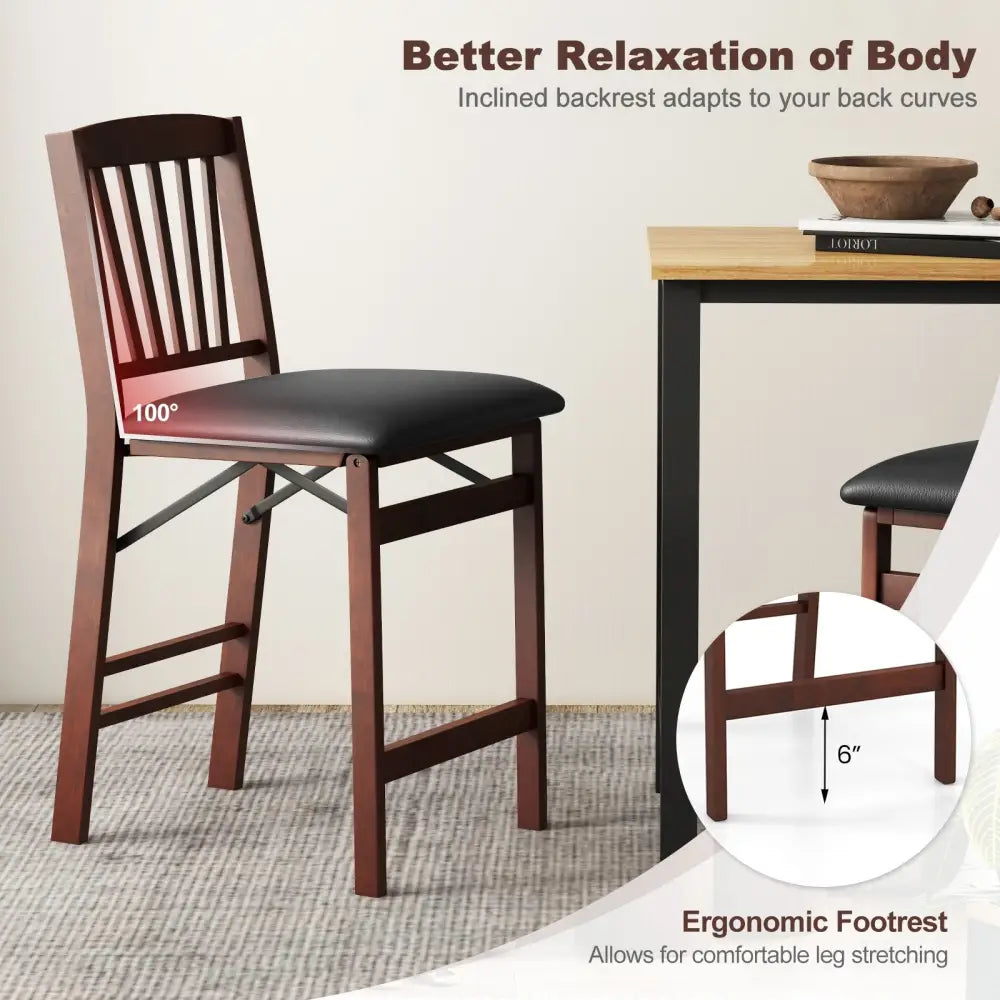 Set of 2 Counter Height Chairs Folding Kitchen Island Stool with Padded Seat-Brown - Brown - Bar Stools