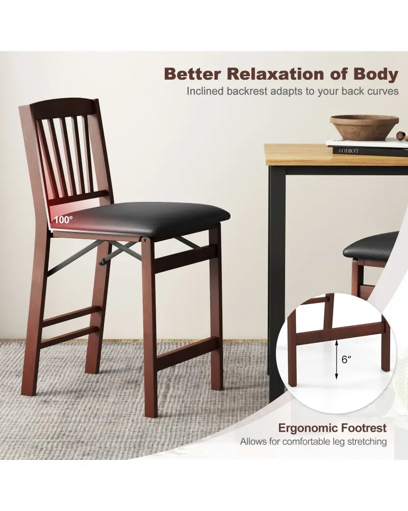 Set of 2 Counter Height Chairs Folding Kitchen Island Stool with Padded Seat-Brown - Brown - Bar Stools