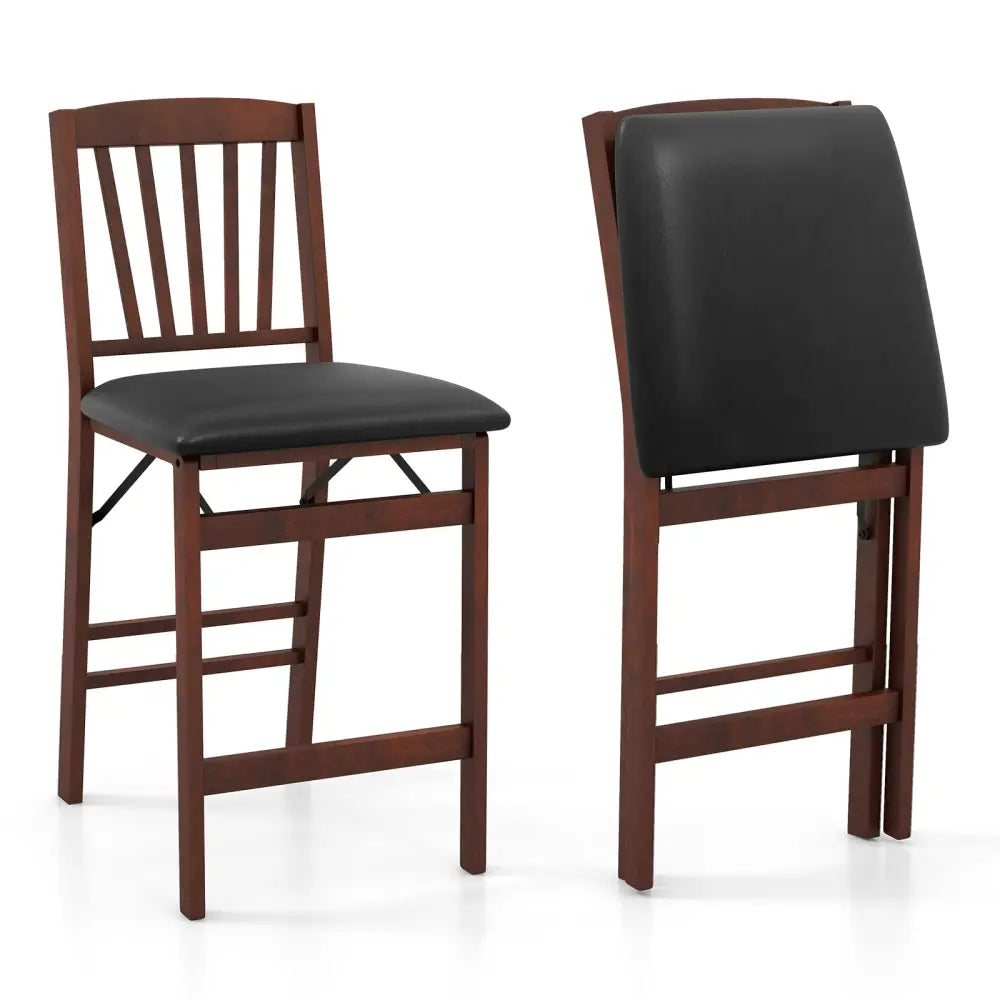 Set of 2 Counter Height Chairs Folding Kitchen Island Stool with Padded Seat-Brown - Brown - Bar Stools